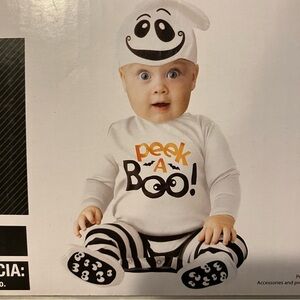 Ghost Halloween Baby Costume Size 6-12 Months “Peek A Boo” Jumpsuit & Cap NEW